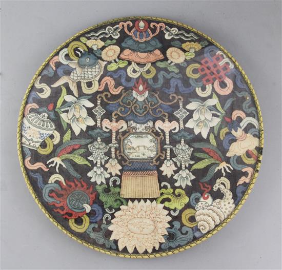 Three Chinese kesi woven roundels, 19th century, diameter 31cm, one glass cracked